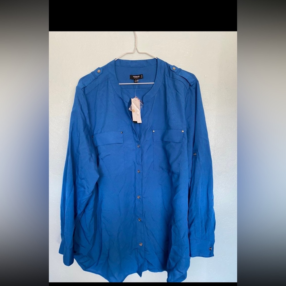 Premise studio.plus size blue long sleeve button up blouse